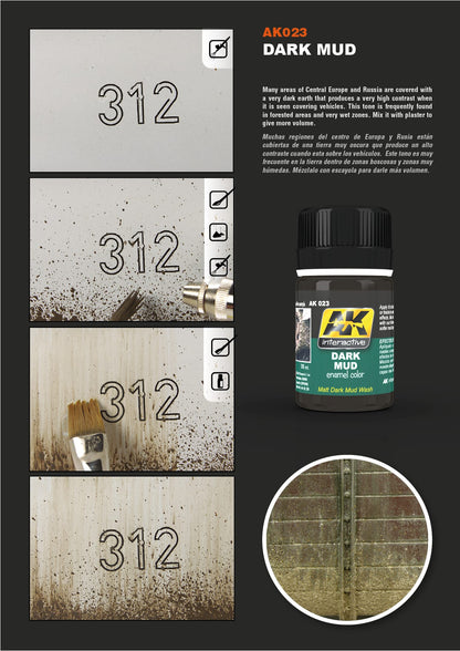 Step-by-step dark mud weathering applied to a '312' model surface. Includes paint bottle and weathered example