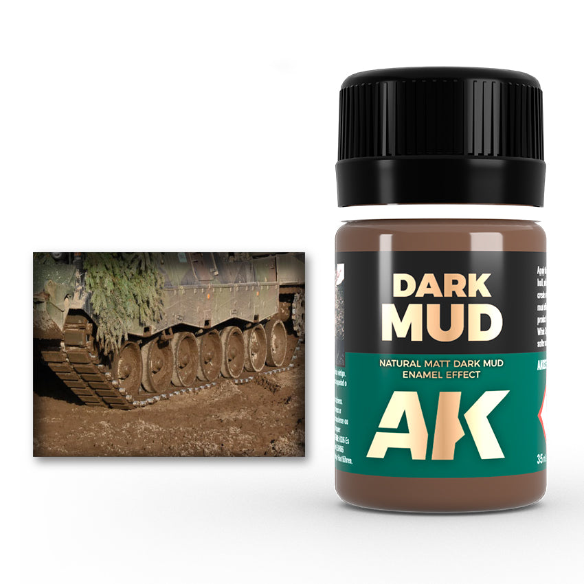 A bottle of AK "Dark Mud" enamel effect paint shown next to an image of a military tank track covered in dark mud