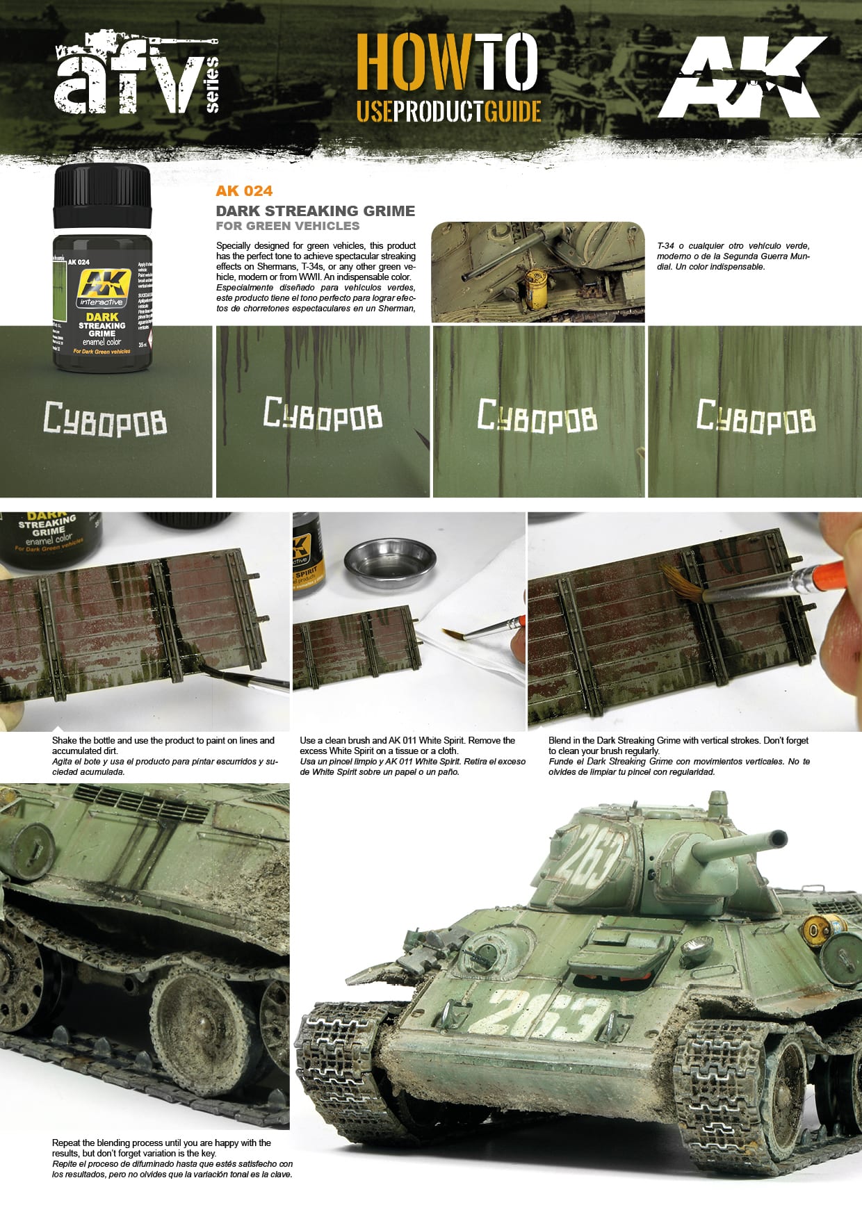 Visual guide for applying "Dark Streaking Grime" to a military model tank, showing process and weathered result