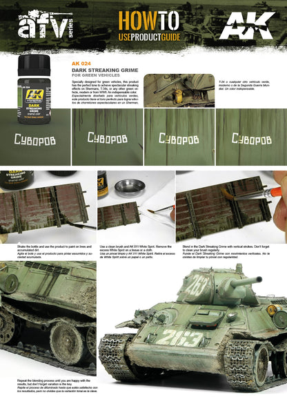 Visual guide for applying "Dark Streaking Grime" to a military model tank, showing process and weathered result