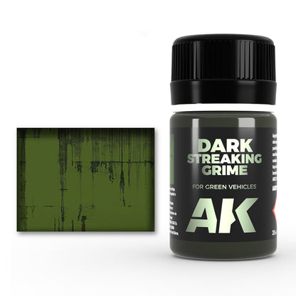 AK Dark Streaking Grime weathering liquid for green vehicles, shown with a sample of dark streaks on green