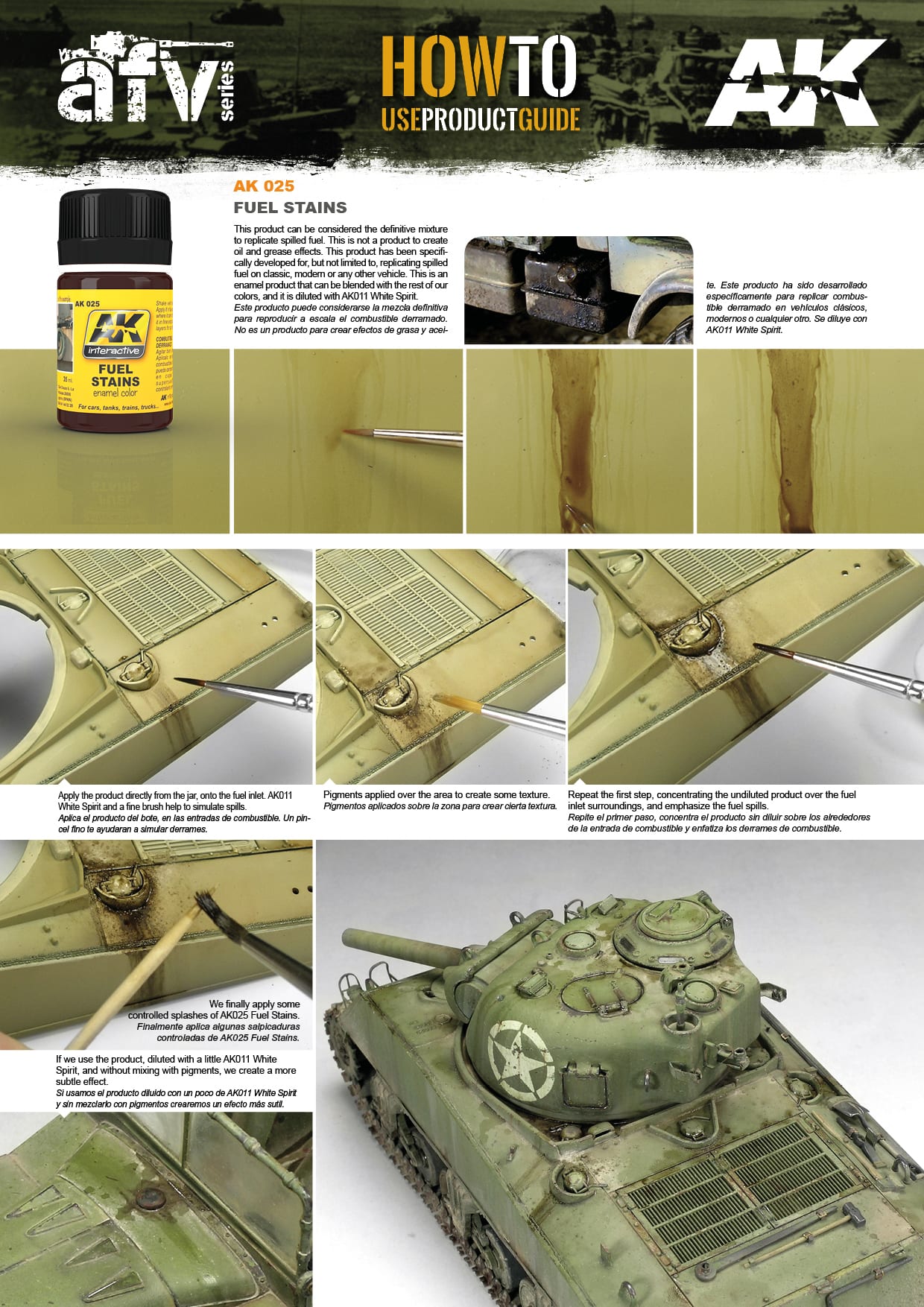 How-to guide demonstrating AK Interactive 025 Fuel Stains enamel on a model tank, showing application for realistic weathering
