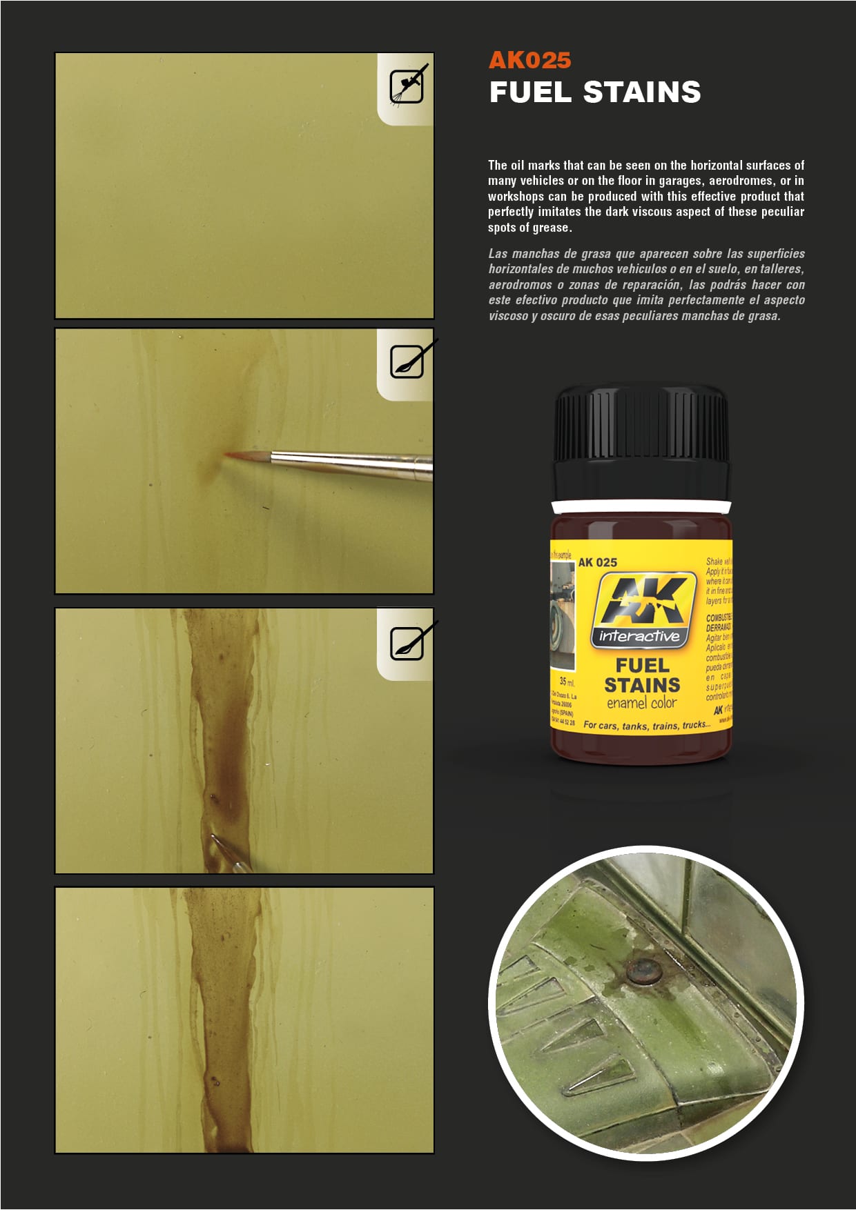 AK Interactive Fuel Stains product being applied with a brush, creating realistic brown streaks on a model