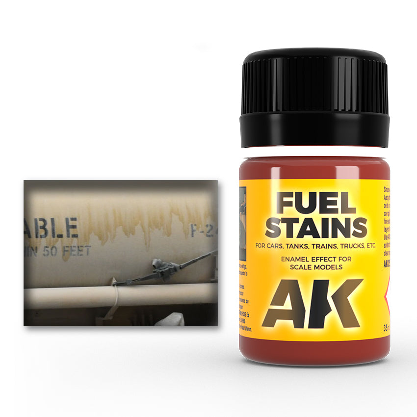 Bottle of AK Interactive Fuel Stains model enamel; inset shows realistic dripping fuel stain effect on a beige surface