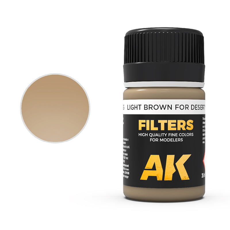 AK Filters bottle, 'Light Brown for Desert,' next to a matching circular color swatch