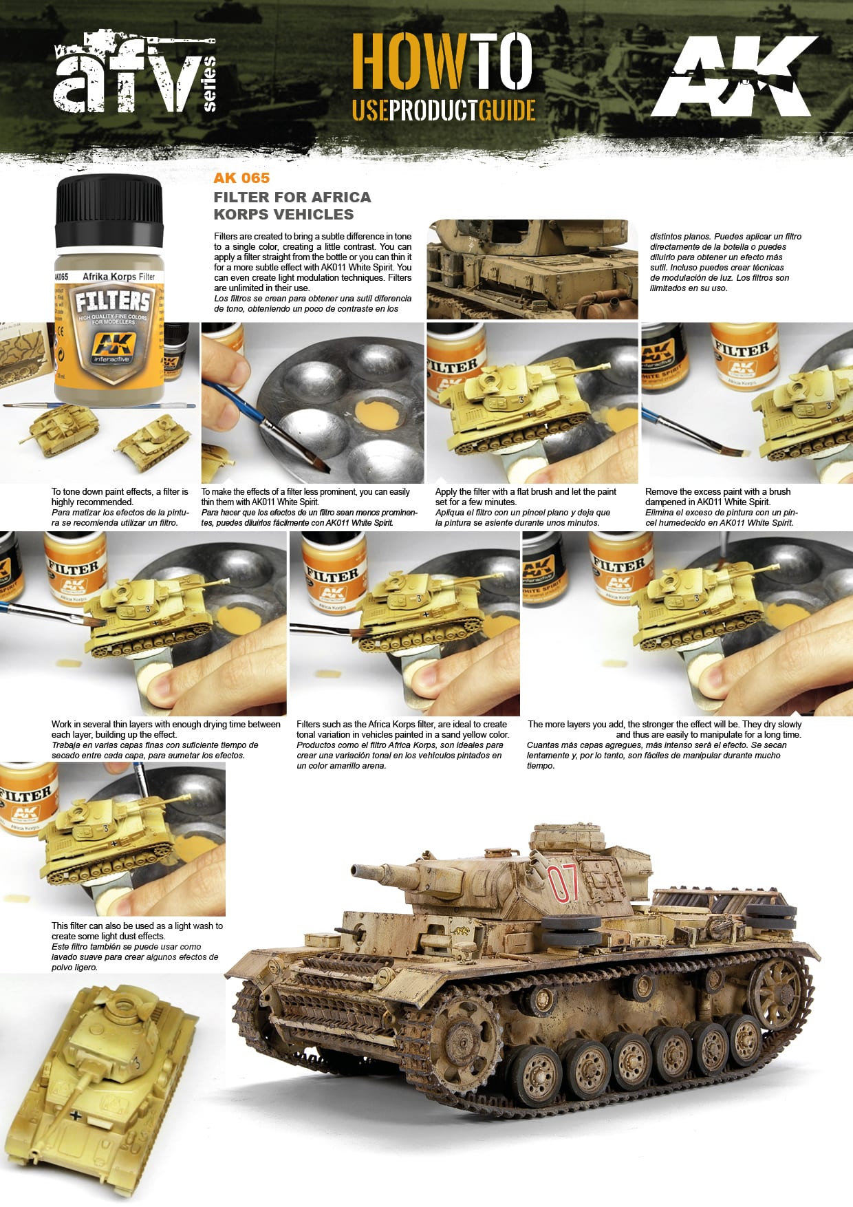 Guide showing application of 'Afrika Korps Filter' paint to a tan model tank, creating a weathered desert finish