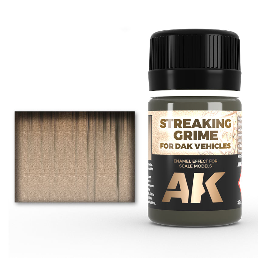 AK Streaking Grime enamel effect bottle next to a swatch demonstrating dark, vertical grime streaks on a light brown surface