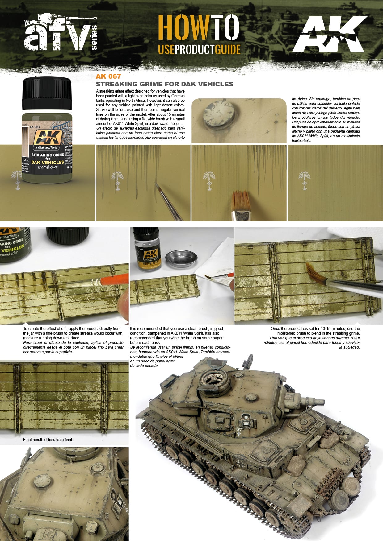 How-to guide showing step-by-step application of streaking grime paint for weathering a desert-colored model tank