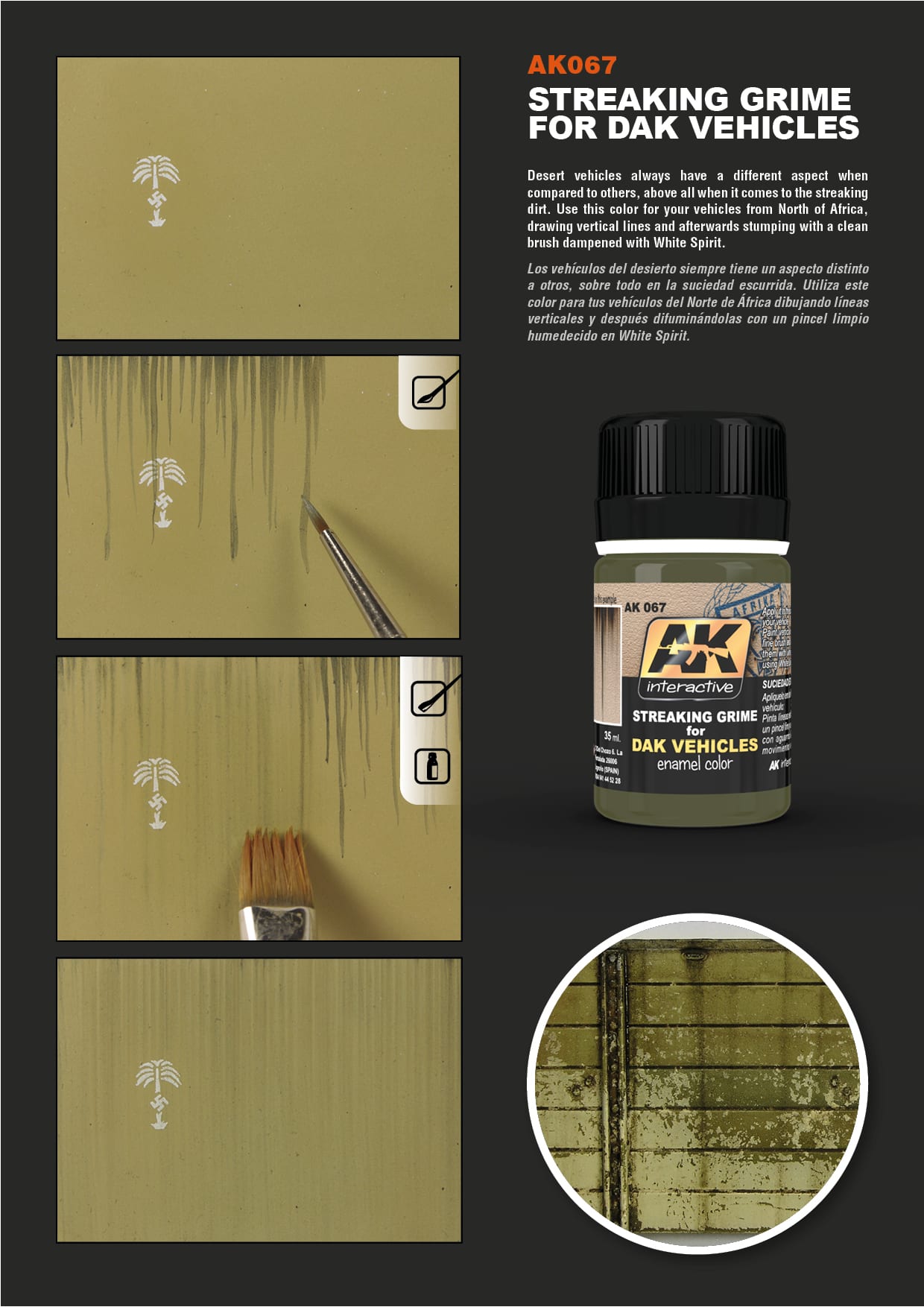 AK Streaking Grime paint for DAK vehicles, panels show application, blending, and weathered results on a model