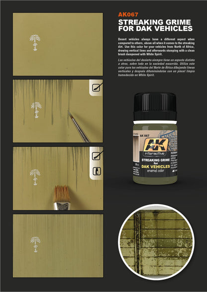 AK Streaking Grime paint for DAK vehicles, panels show application, blending, and weathered results on a model