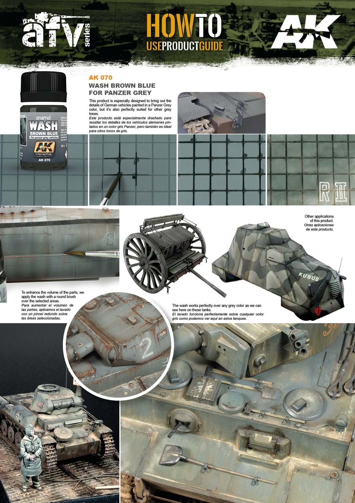AK Interactive AK 070 Wash Brown Blue enamel effect weathering Colour 35ml bottle for Panzer Grey vehicles shown with application on a miniature tank model highlighting details and creating realistic rust and dirt effects