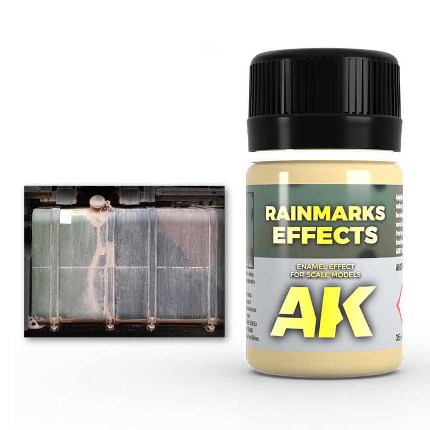 AK Rainmarks Effects enamel bottle shown with an example of rain streaks on a military container