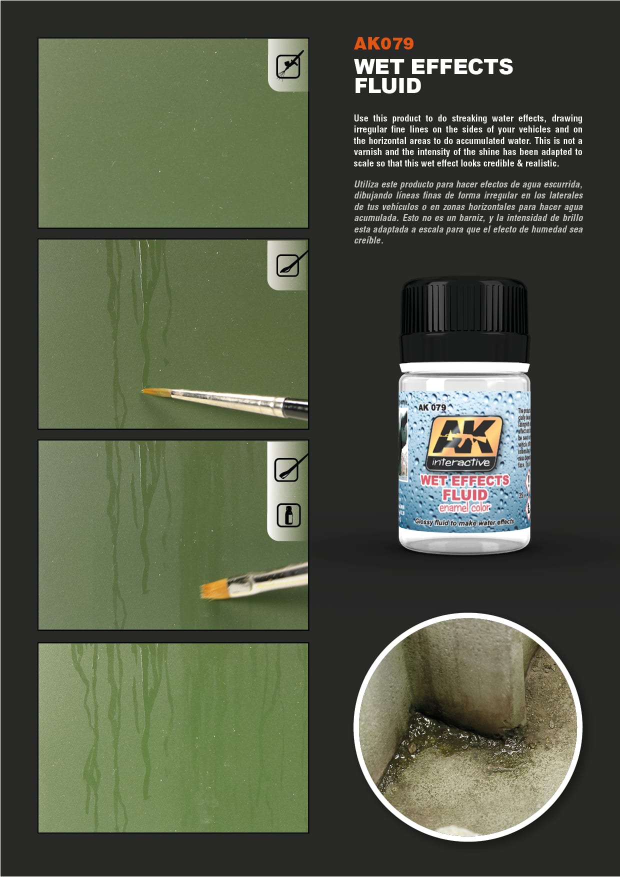 AK079 Wet Effects Fluid bottle displayed with examples of realistic water streaks and miniature puddles on models