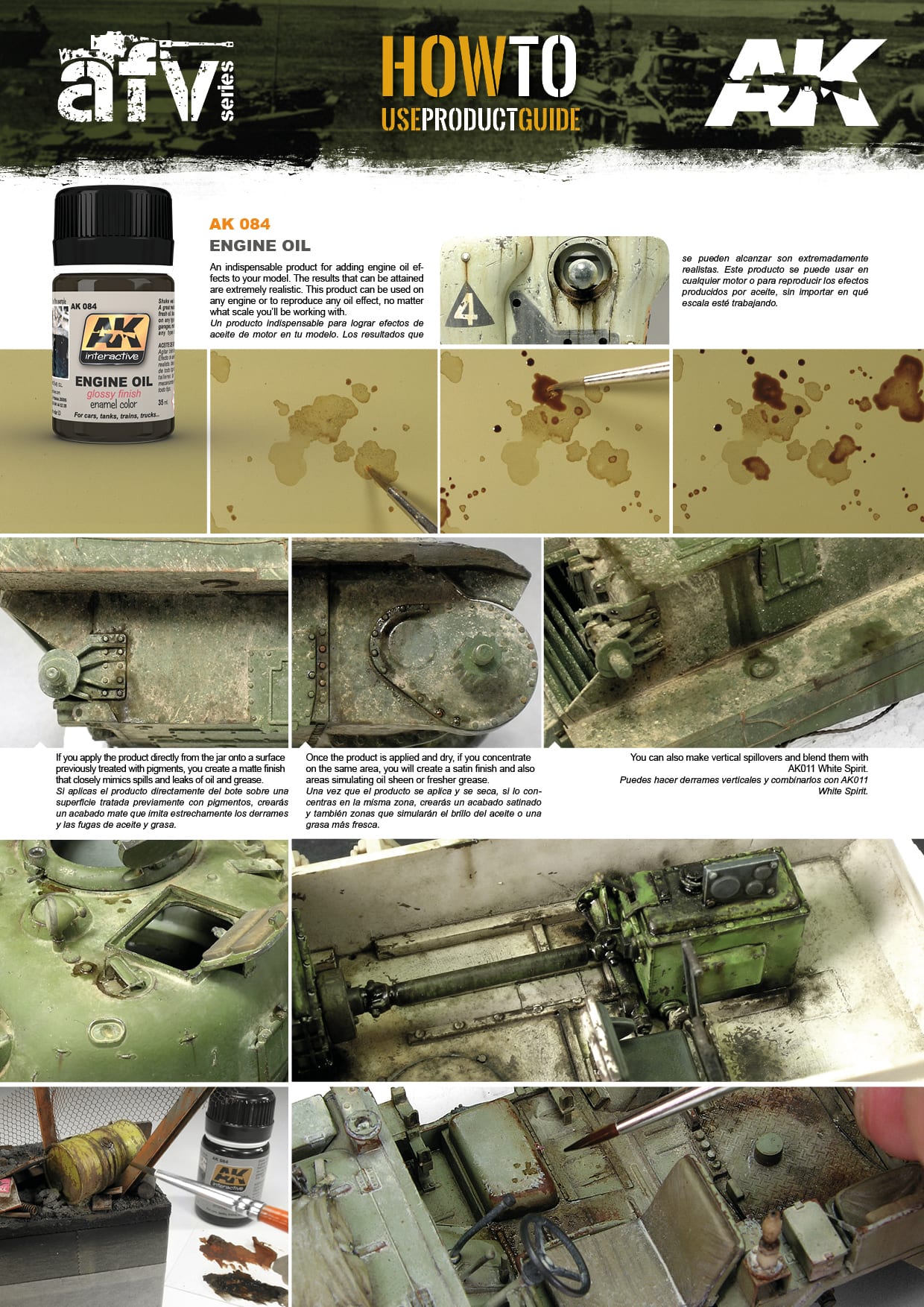 AK 084 Engine Oil guide: A product bottle and photos demonstrate applying realistic oil and grease effects on scale model tanks