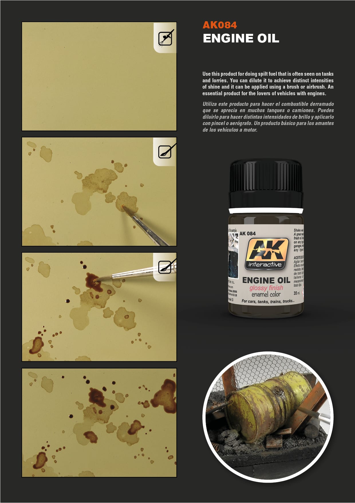 Demonstrates brushing brown paint for 'spilt fuel' effects on models, showing stages and a weathered barrel