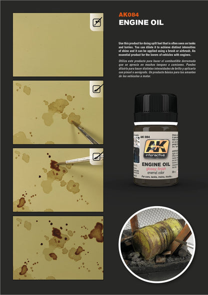 Demonstrates brushing brown paint for 'spilt fuel' effects on models, showing stages and a weathered barrel