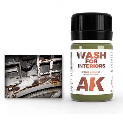 Olive green AK Wash for Interiors for scale models, beside a close-up of a rusty, peeling white metal interior