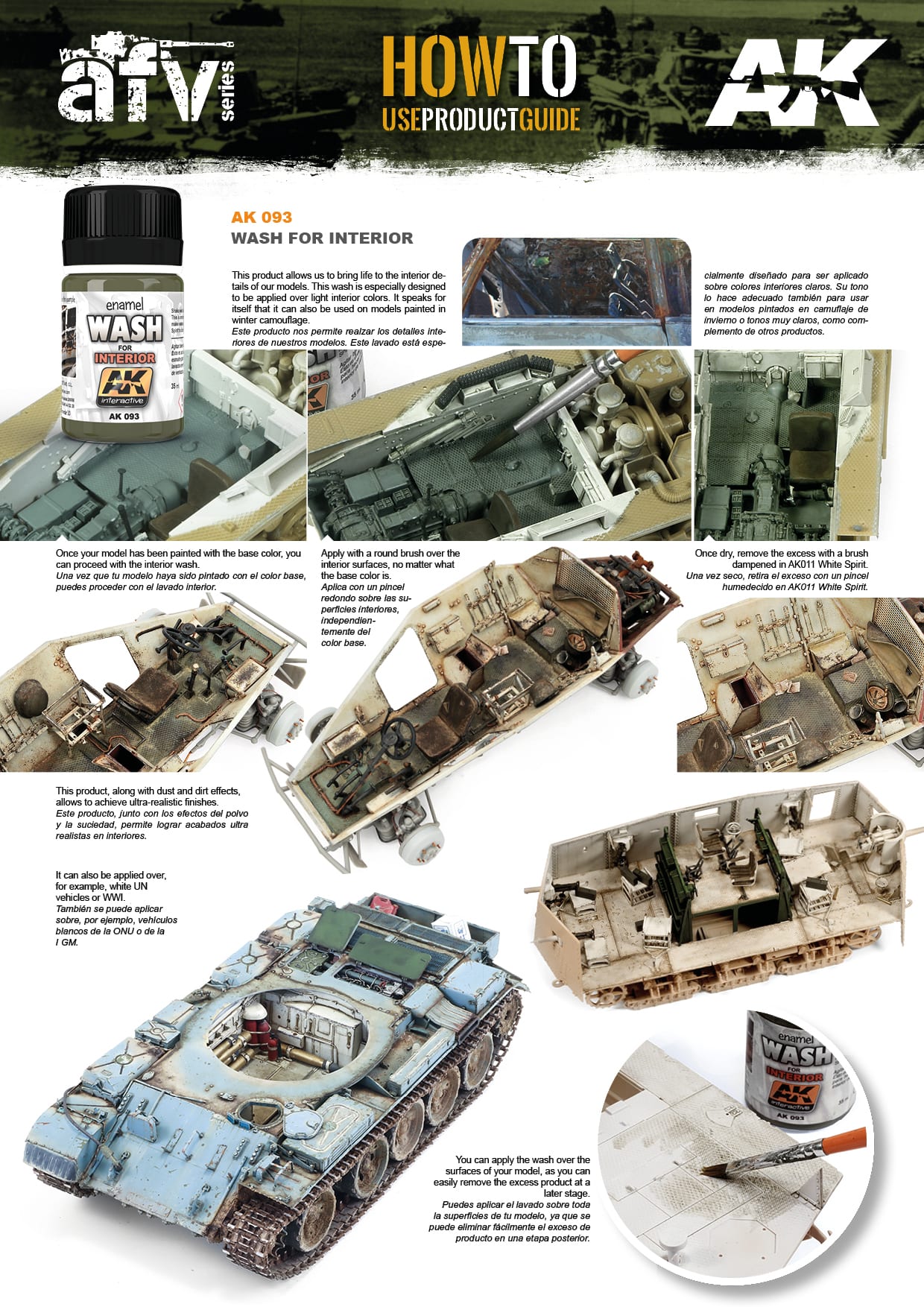 AK Interactive 'Wash for Interior' guide, showing enamel applied to model tank interiors for realistic weathering