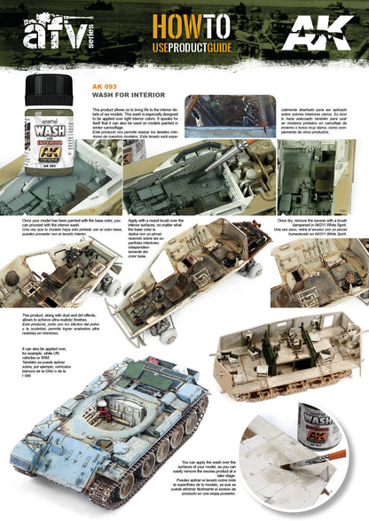 AK Interactive 'Wash for Interior' guide, showing enamel applied to model tank interiors for realistic weathering