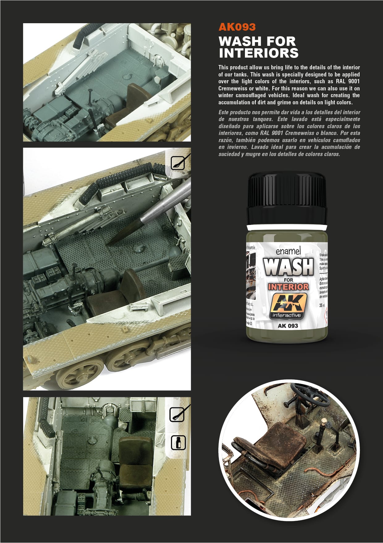 AK Interactive 'Wash for Interiors' product and its application to a model tank interior, creating realistic dirt and grime