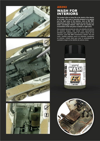 AK Interactive 'Wash for Interiors' product and its application to a model tank interior, creating realistic dirt and grime