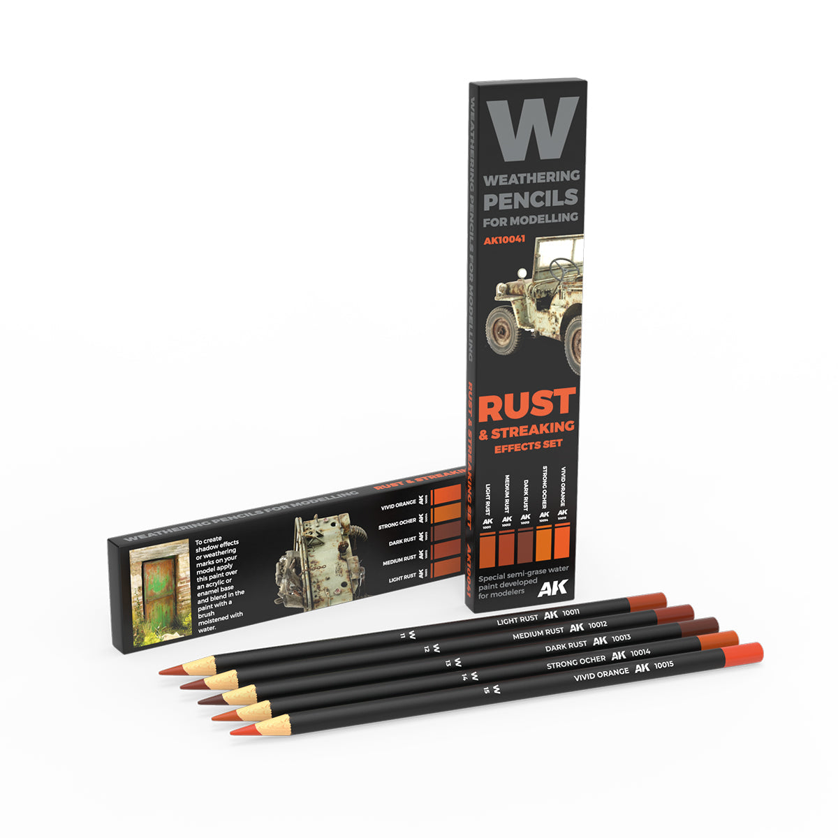 A set of five rust-colored AK weathering pencils for model detailing -  with two "Rust & Streaking Effects" boxes