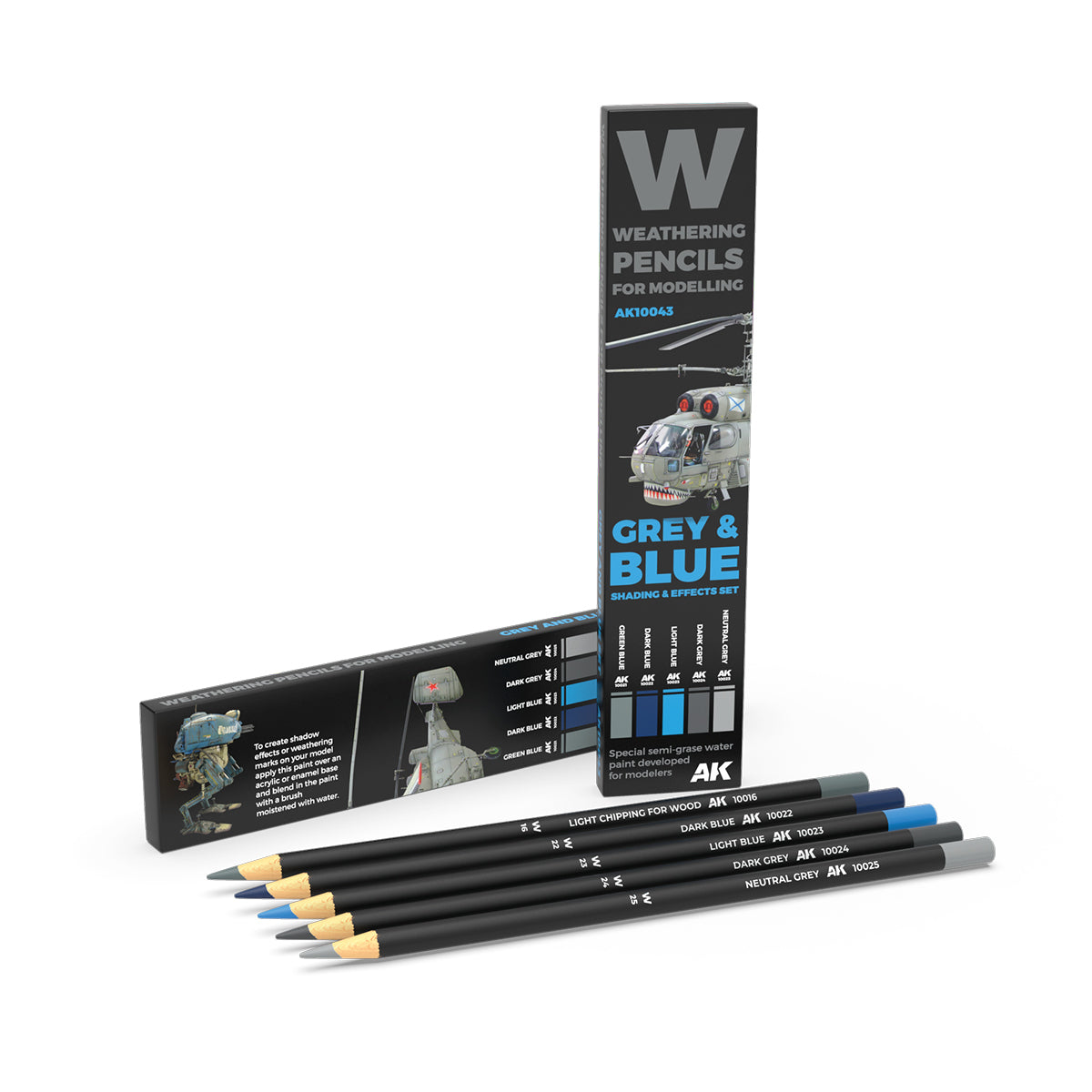 Five grey and blue AK Interactive weathering pencils for models -  displayed with two product boxes