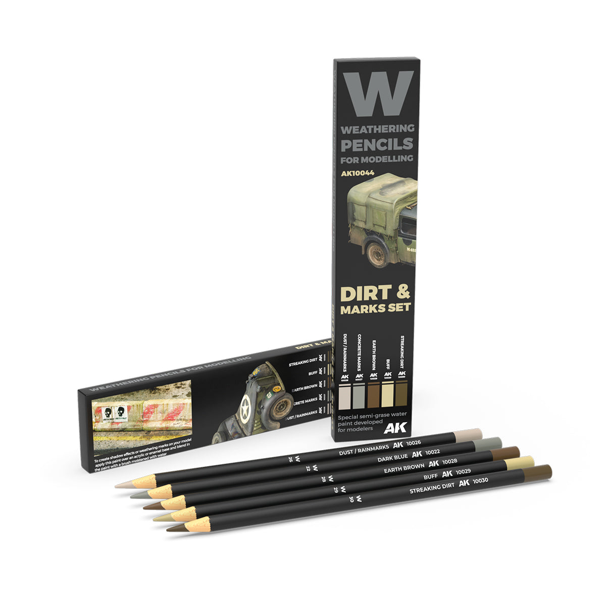 AK Weathering Pencils Dirt & Marks Set: six earth-toned pencils -  fanned out -  with two product boxes showing a model military vehicle