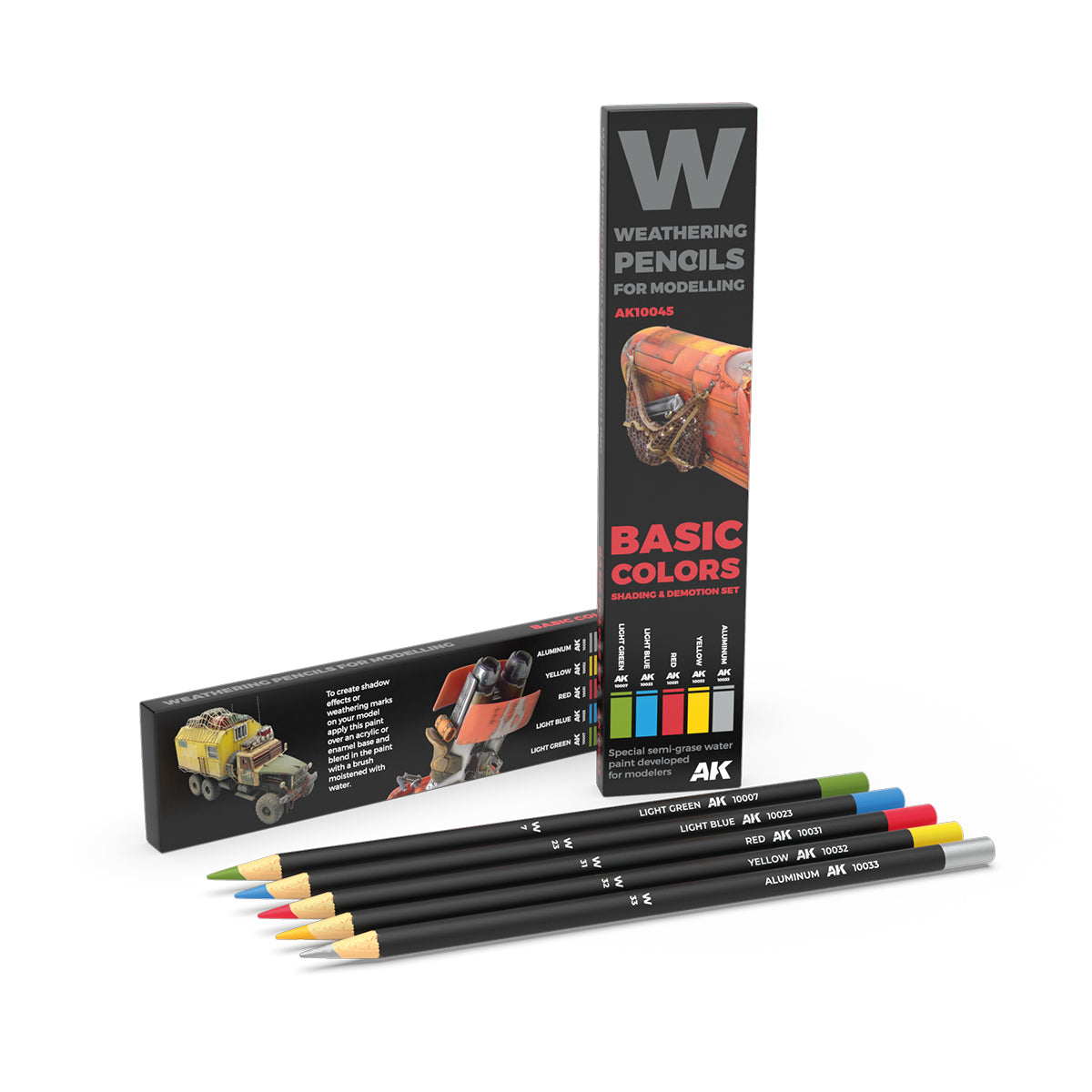 Five black weathering pencils (green -  blue -  red -  yellow -  silver) with two product boxes for model weathering