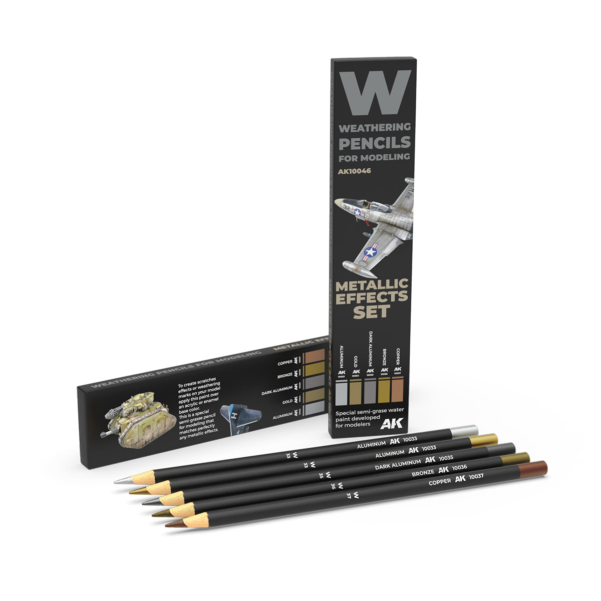 A set of five metallic weathering pencils for modeling -  including aluminum -  bronze -  and copper shades -  displayed with their black packaging