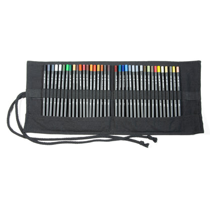 A black fabric roll-up case -  open to reveal 36 colorful pens with black bodies and varied caps in two rows