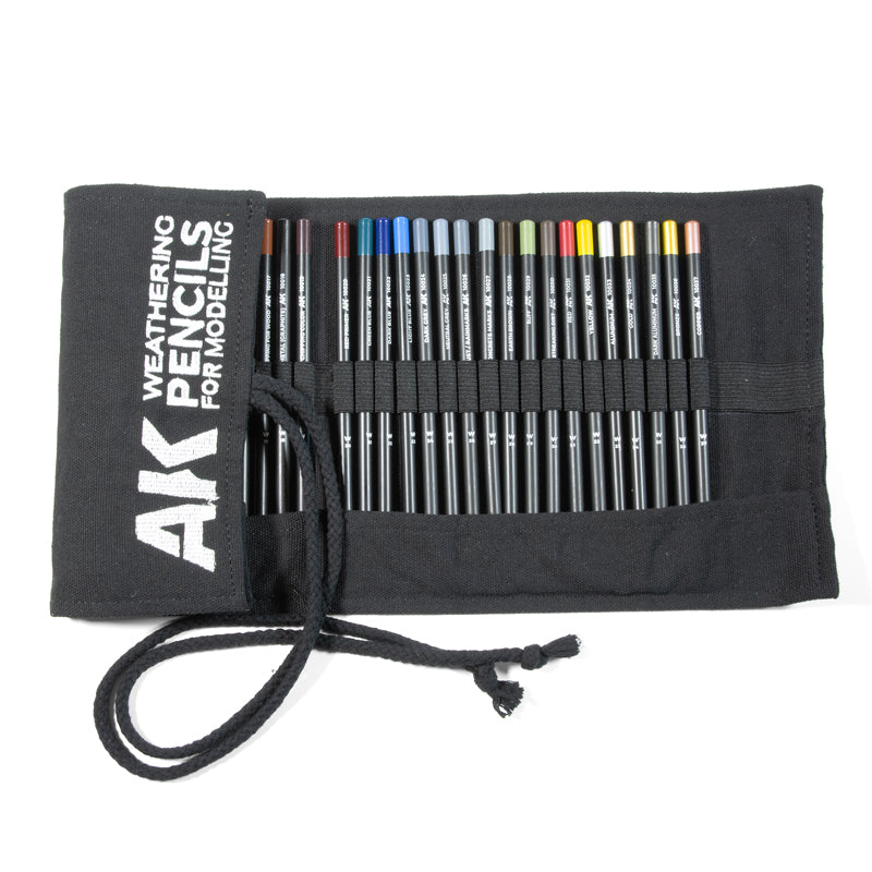 AK Weathering colored pencils for modelling in an open black roll-up case