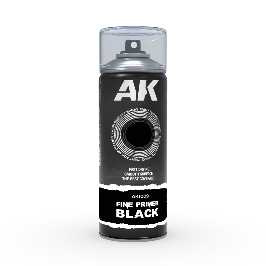 AK Interactive Aerosol Spray Fine Primer with Includes 2 Nozzles 400ml - Black - Good Games