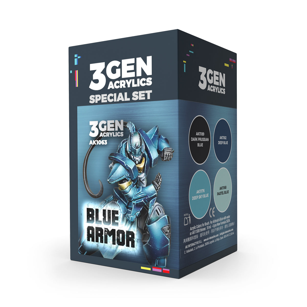 A blue 3GEN Acrylics paint set box with a metallic blue armored sci-fi robot and four blue paint swatches