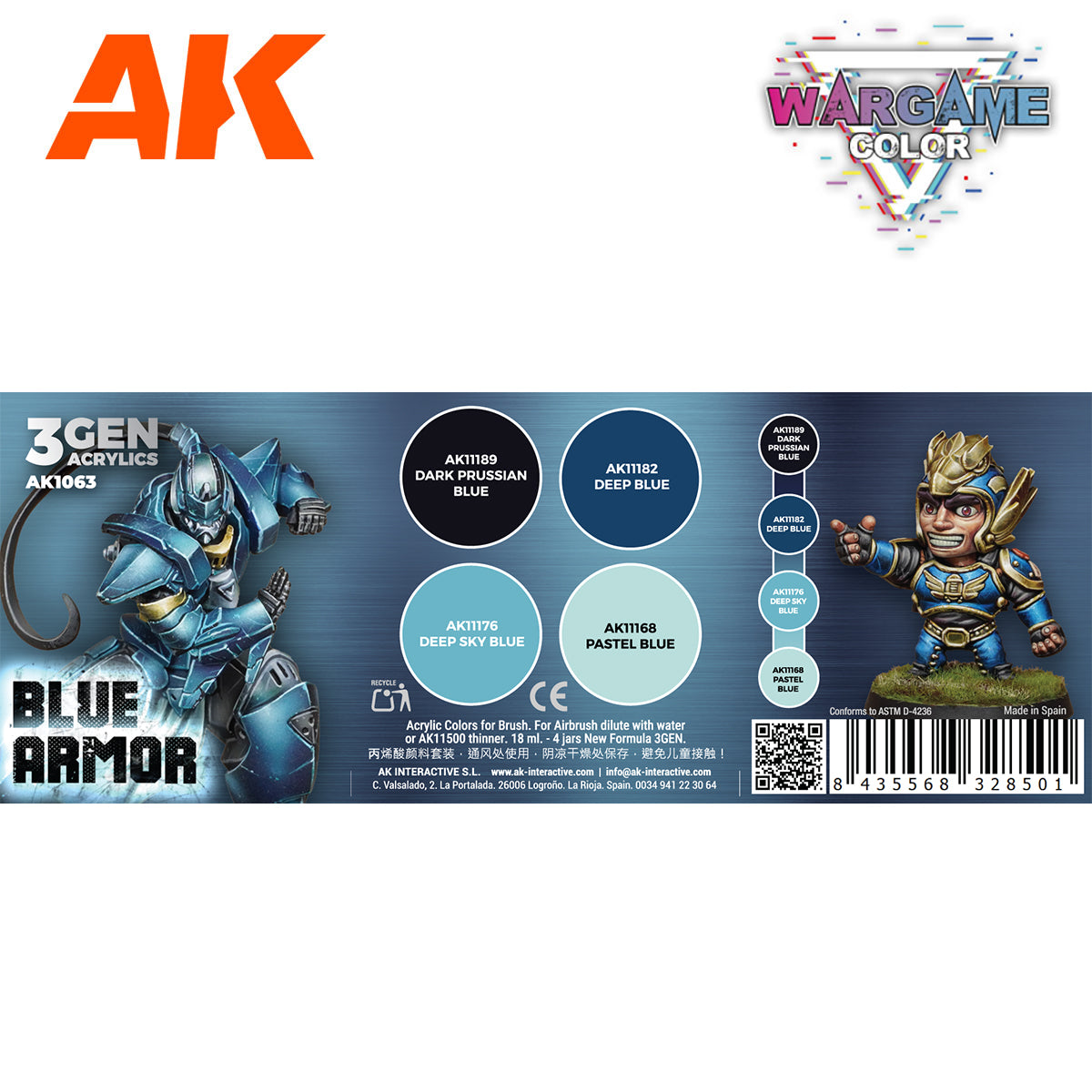 AK Blue Armor acrylics for wargame models -  showing two blue armored figures and four blue paint swatches
