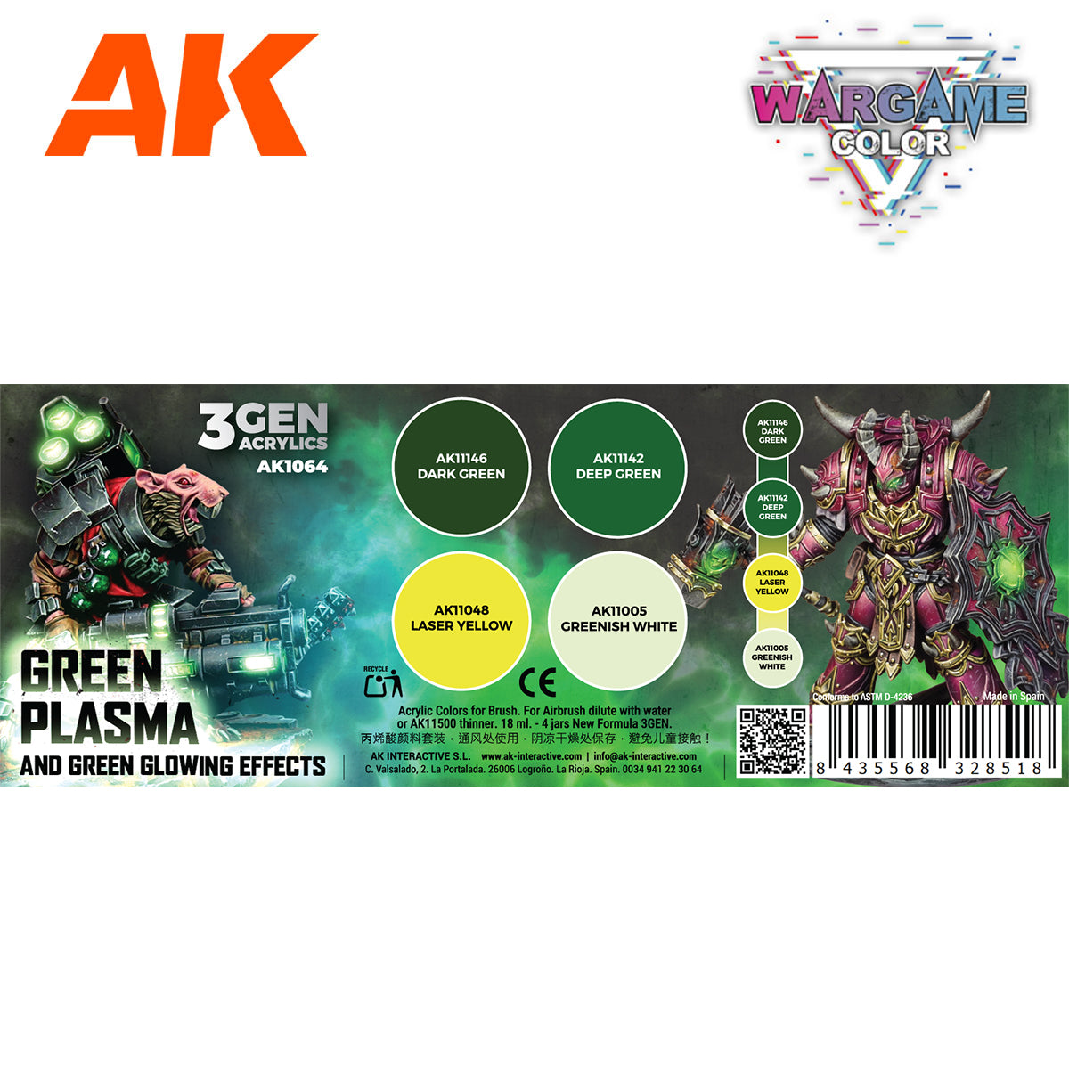 AK 3Gen Green Plasma paint set for wargames -  showing miniatures with green glowing effects and four color swatches