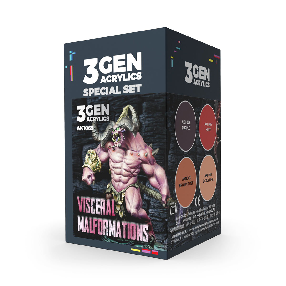 Box features a pink horned monster and 4 swatches: purple -  ruby -  brown rose -  sickly pink