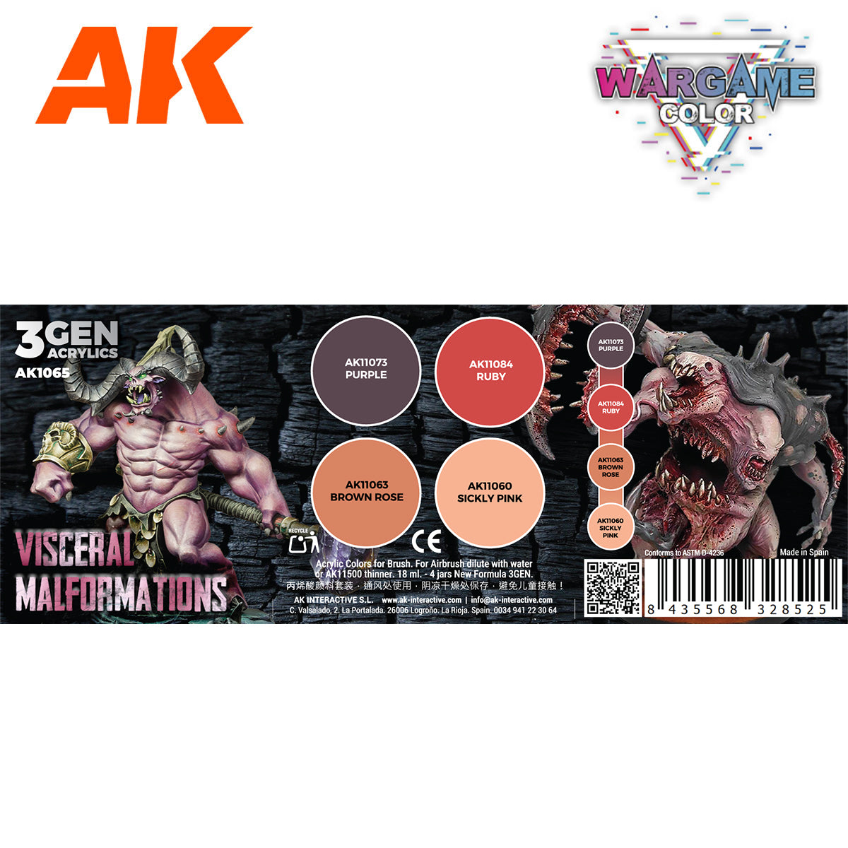 AK Interactive 'Visceral Malformations' paint set with two grotesque miniatures and four paint color swatches