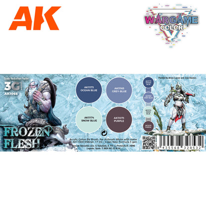 AK Wargame Color "Frozen Flesh" paint set features two fantasy miniatures painted in blue -  grey -  and purple -  with color swatches