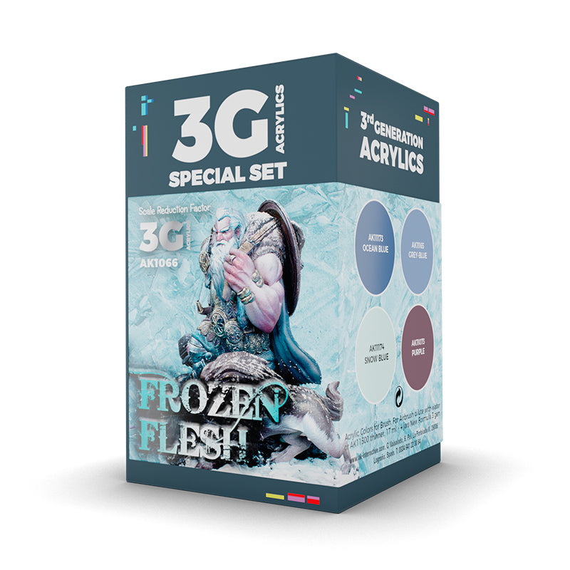 Features a bearded miniature and wolf on an icy backdrop and shows four blue/purple paint swatches