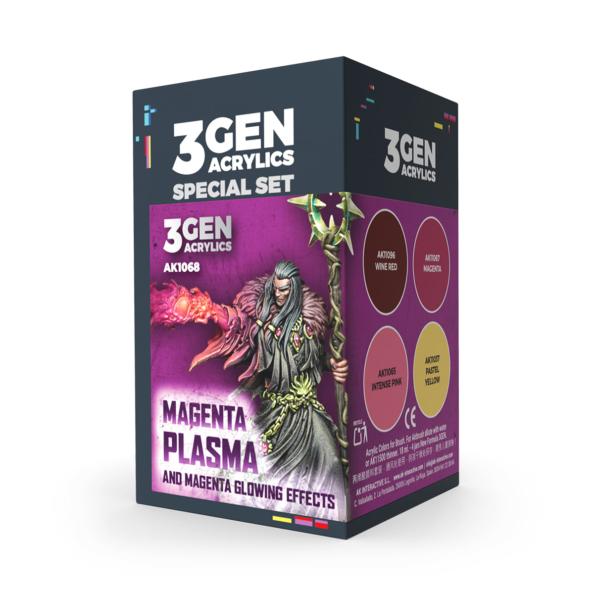 3GEN Acrylics Special Set box featuring a sorcerer casting a glowing magenta spell -  with four paint swatches
