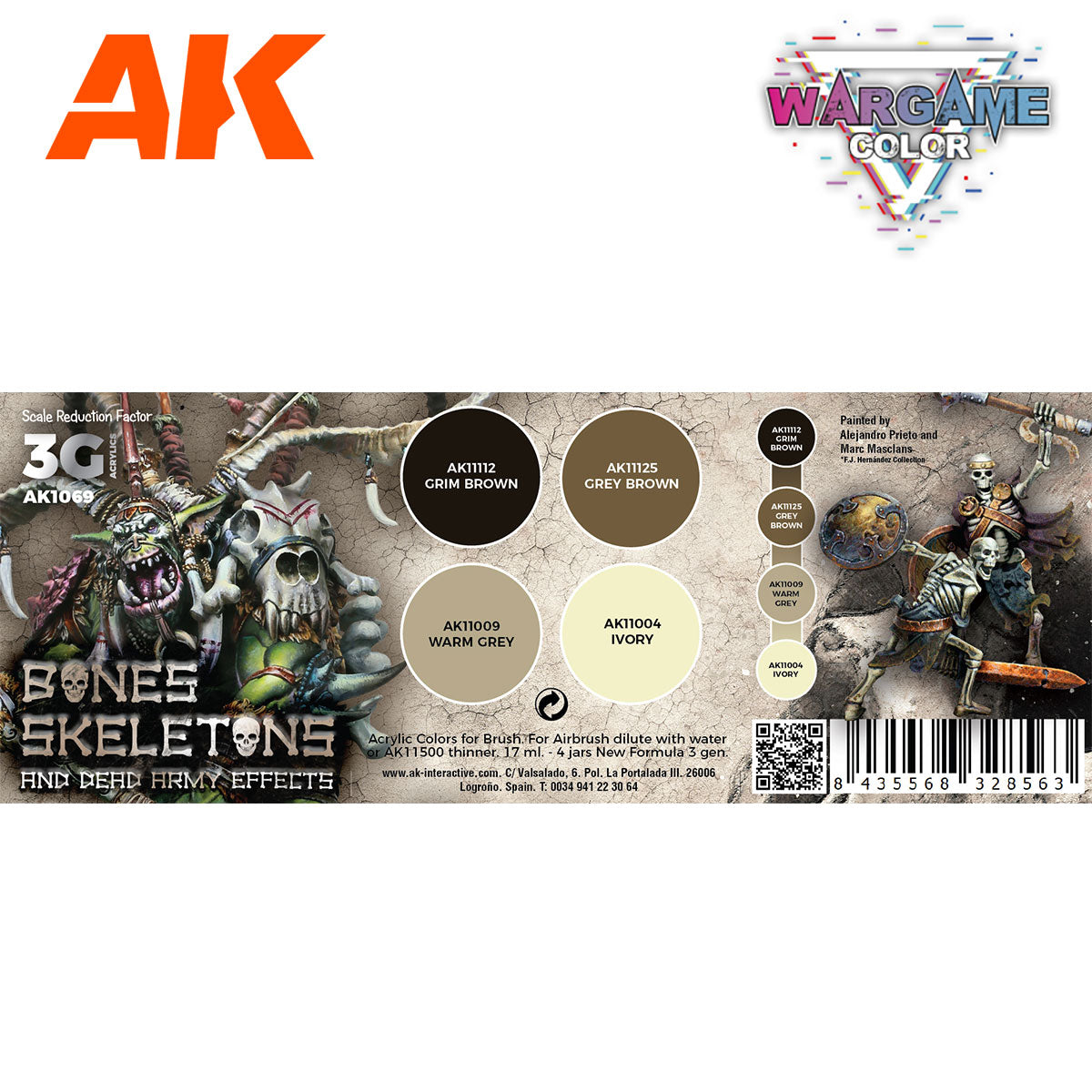 AK Wargame Color paint set features grim brown -  grey brown -  warm grey -  ivory colors with painted skeletal miniatures