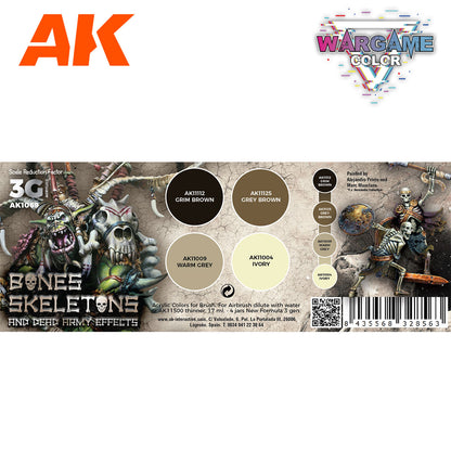 AK Wargame Color paint set features grim brown -  grey brown -  warm grey -  ivory colors with painted skeletal miniatures
