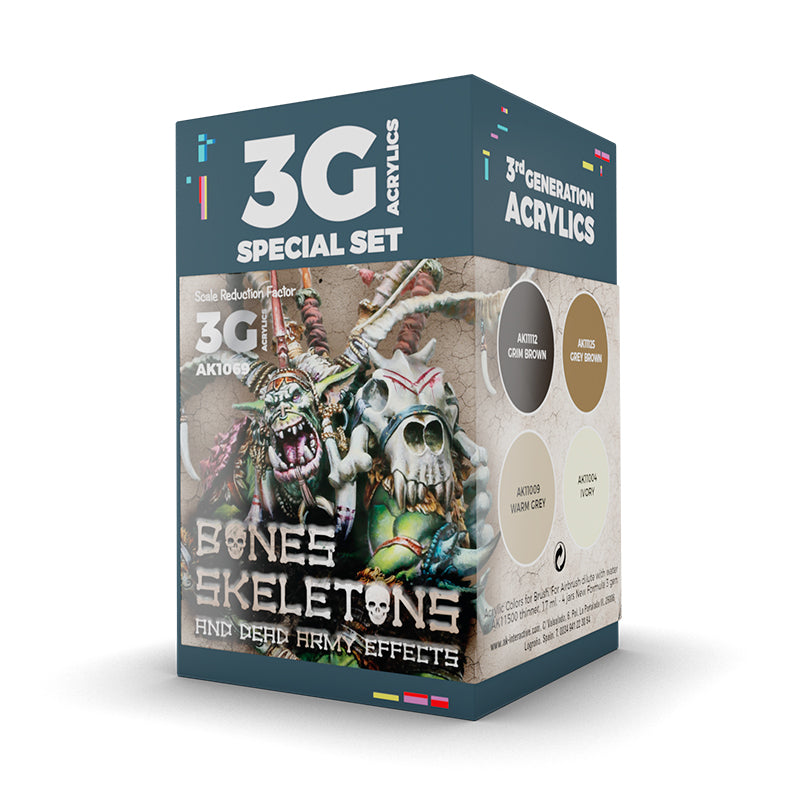 3G Acrylics 'Bones -  Skeletons & Dead Army Effects' paint set box -  featuring an orc -  skull -  and paint swatches