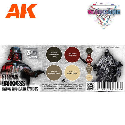 AK Interactive 'Eternal Darkness' paint set featuring Darth Vader and a hooded figure -  showcasing four grey and red paint colors