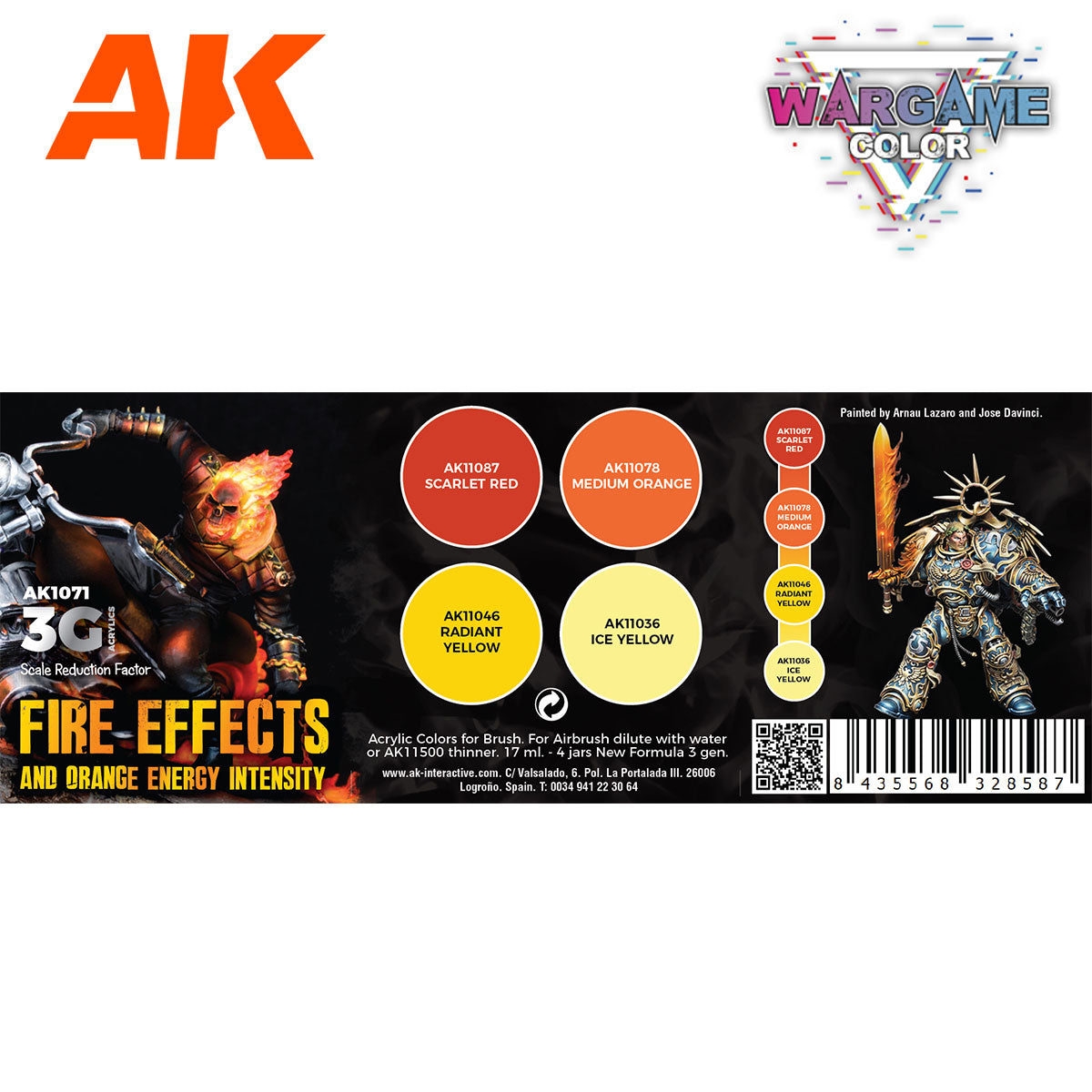 AK Interactive Fire-Effects paint set displays Ghost Rider and a warrior with red -  orange -  and yellow flame effects