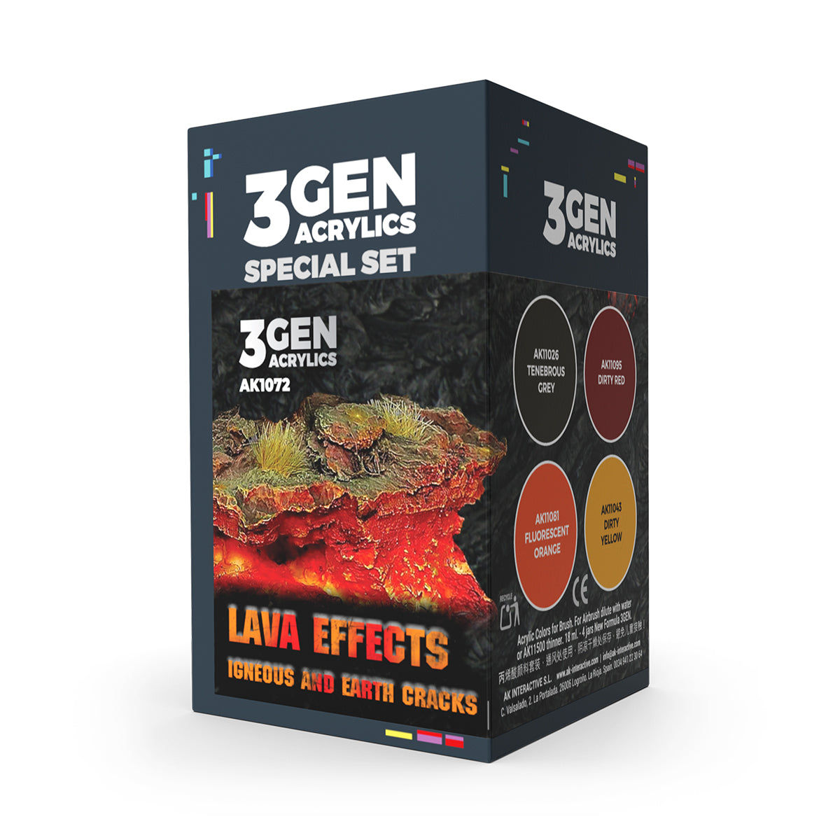 A 3GEN Acrylics Paint set box features a miniature volcanic terrain with glowing red lava and four color swatches