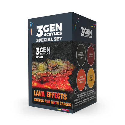 A 3GEN Acrylics Paint set box features a miniature volcanic terrain with glowing red lava and four color swatches
