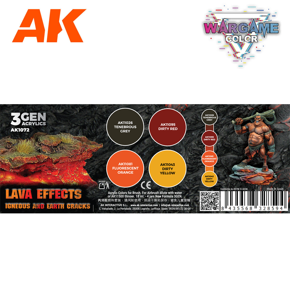 AK Lava Effects paint set shows gray -  red -  orange -  yellow colors on a molten rock diorama and a monster miniature