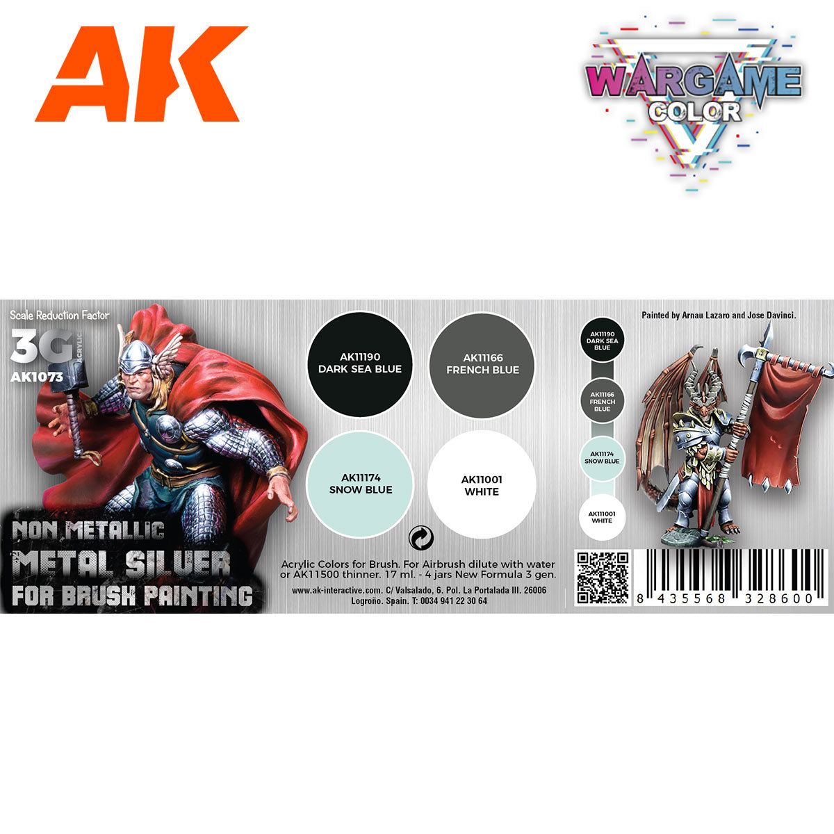 AK Wargame Color ad displaying painted warrior and dragon miniatures with blue -  white -  and metallic silver paint color swatches